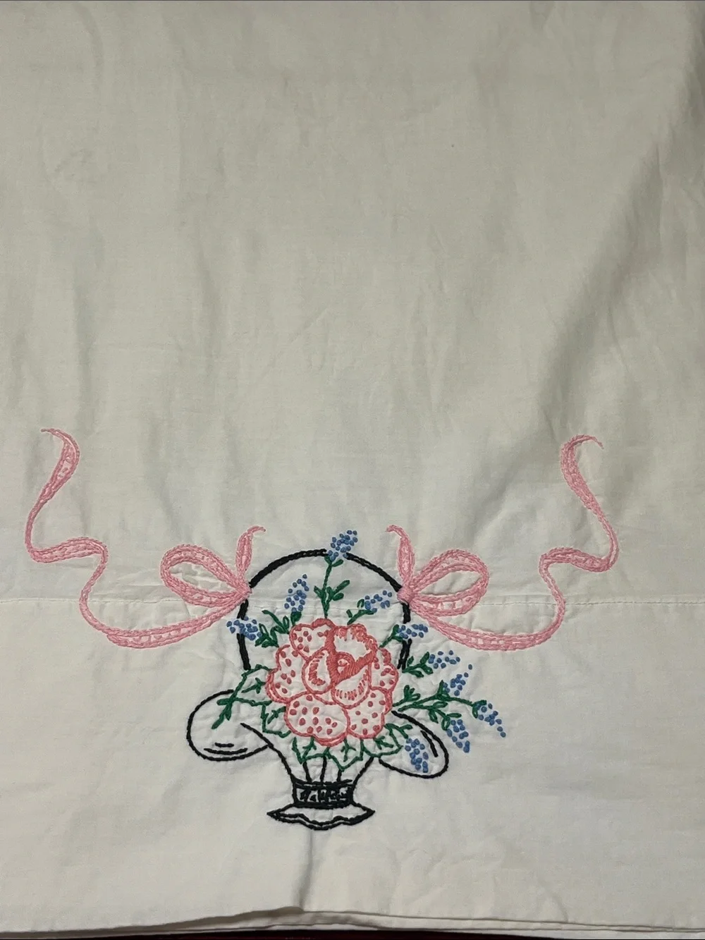 Beautiful VTG- Hand Embroidered Queen Set Pillowcases-Flower Basket,Ribbon Motif